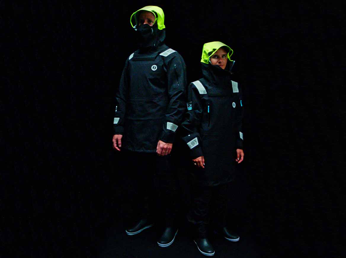 Two models wearing dark EP 6.5 Ocean Collection gear with lime green hoods, demonstrating the extended size range.
